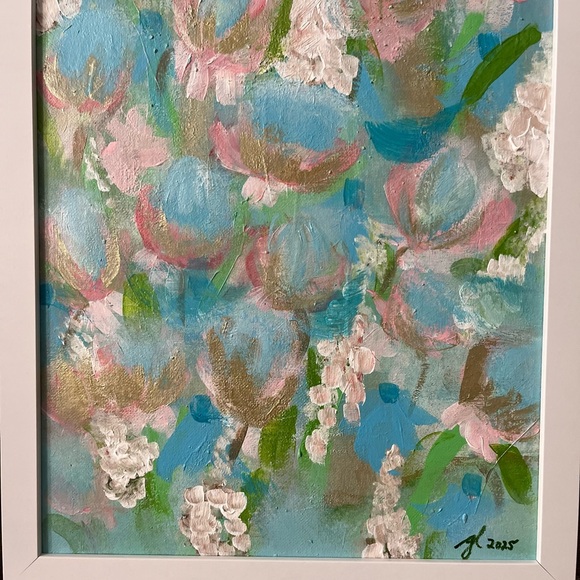 Floral Abstract Art Print in Blue and Pink - Picture 1 of 9